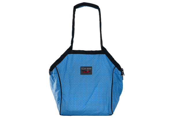 A Small Zip-Top Shop Bag in Island (blue with white grid) 200 Halcyon.